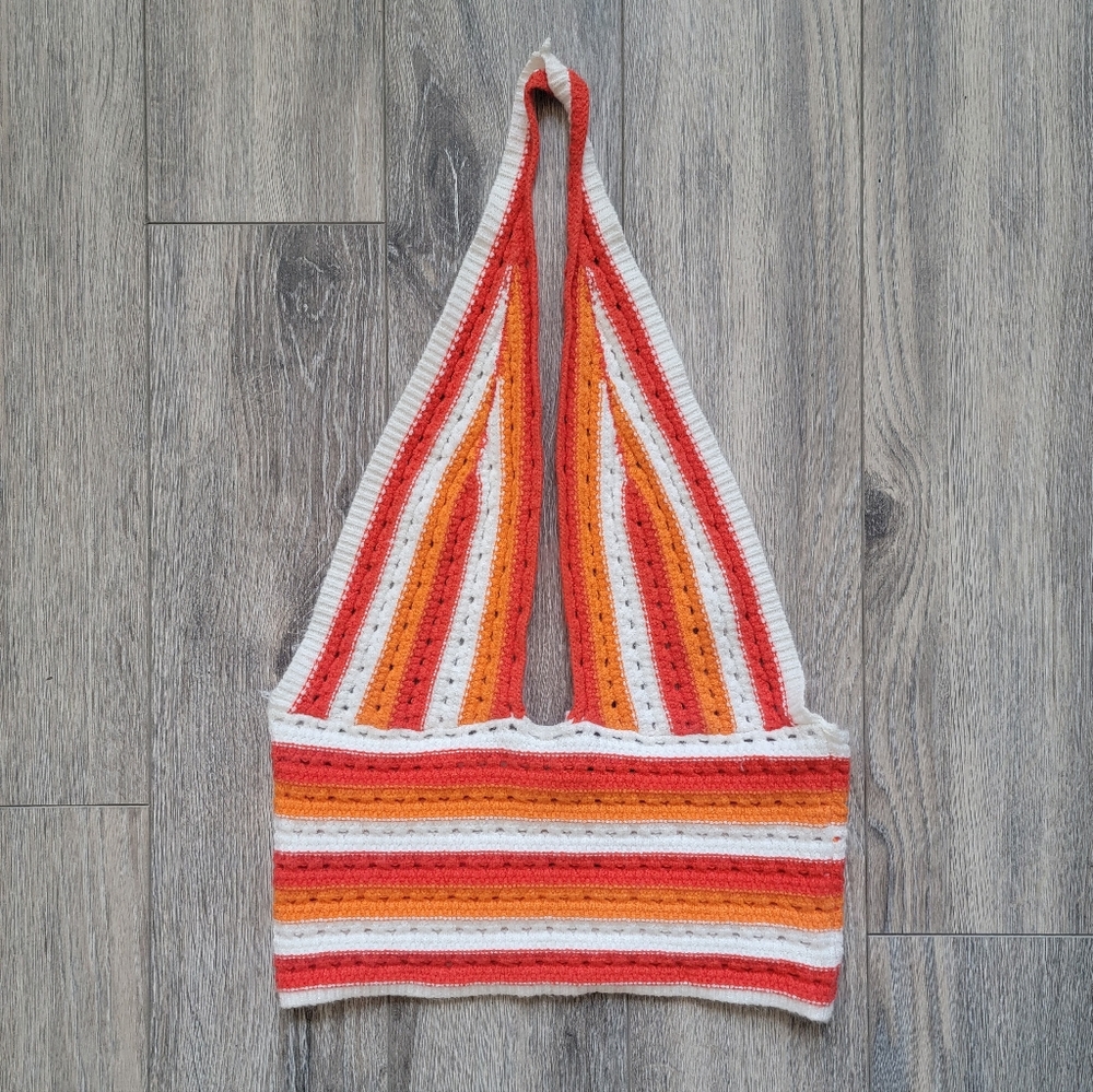 orange + white crochet halter crop top